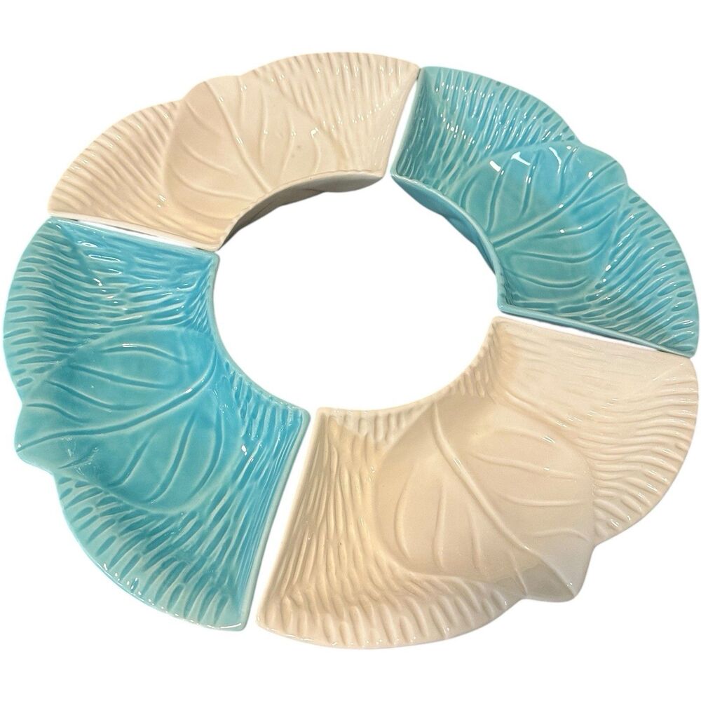 California Pottery Lazy Susan 4 Dish Snack Chip Dip Turquoise White 459 Vintage